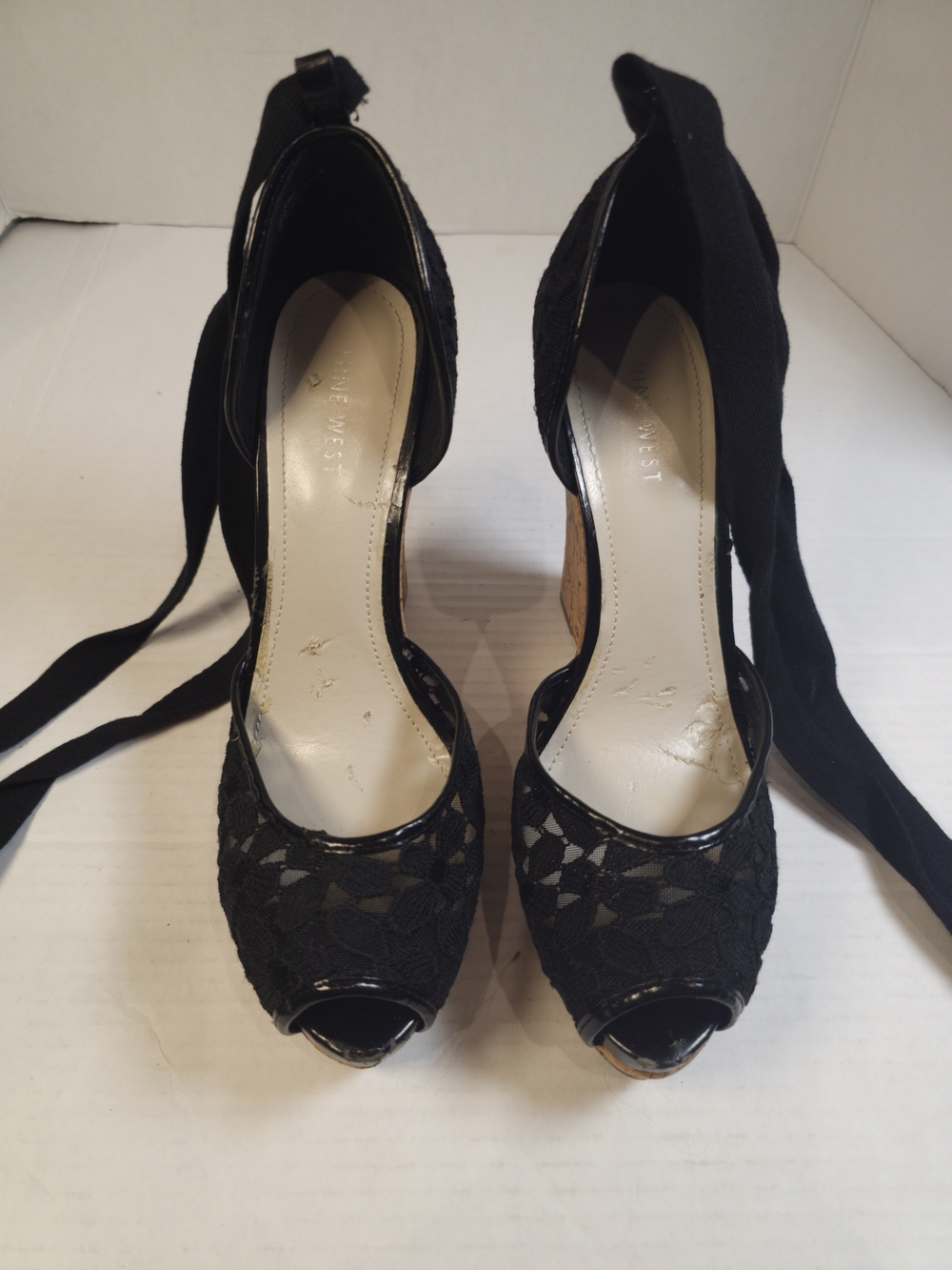 Nine West Black & Brown Lace Cork Wedge Sandals